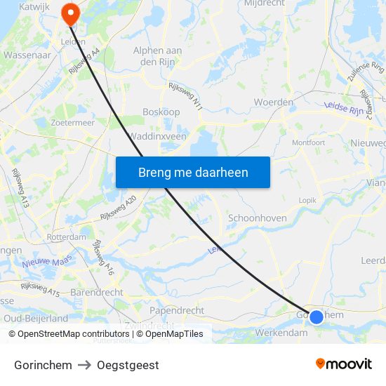 Gorinchem to Oegstgeest map