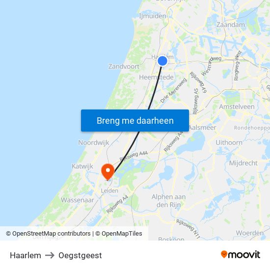 Haarlem to Oegstgeest map