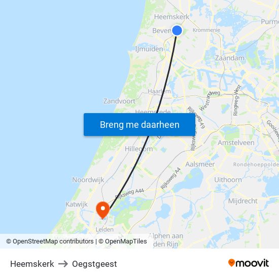 Heemskerk to Oegstgeest map