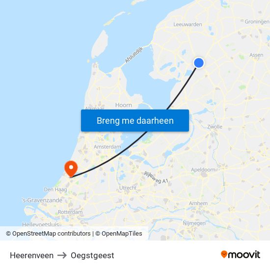 Heerenveen to Oegstgeest map