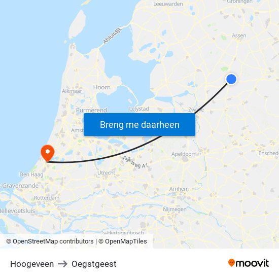 Hoogeveen to Oegstgeest map