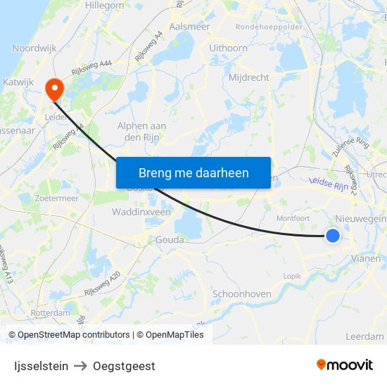 Ijsselstein to Oegstgeest map