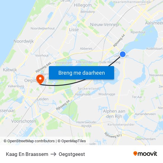Kaag En Braassem to Oegstgeest map