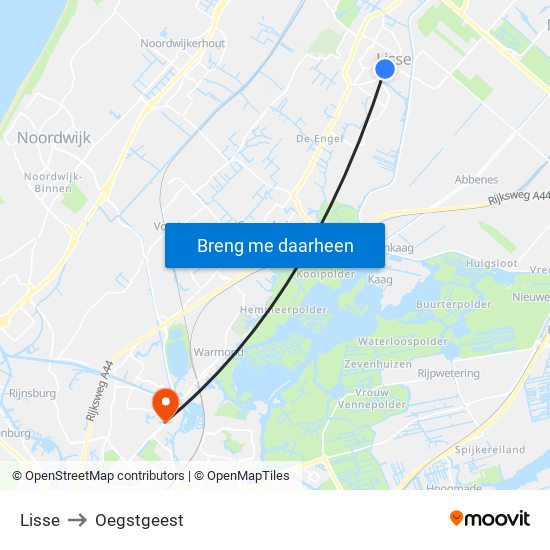 Lisse to Oegstgeest map