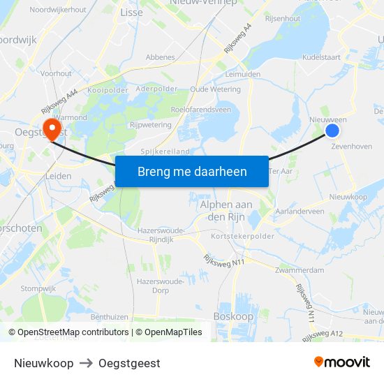 Nieuwkoop to Oegstgeest map