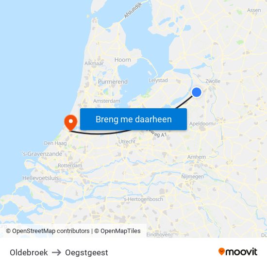 Oldebroek to Oegstgeest map