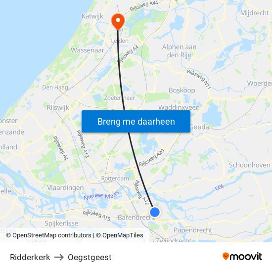 Ridderkerk to Oegstgeest map