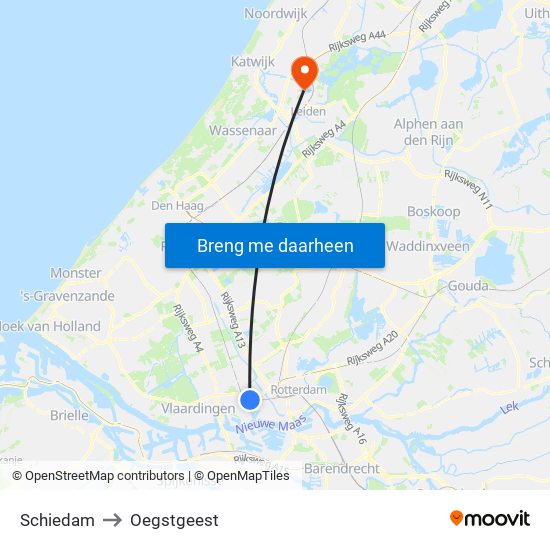 Schiedam to Oegstgeest map