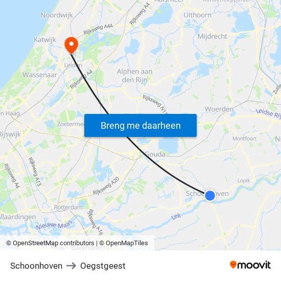 Schoonhoven to Oegstgeest map