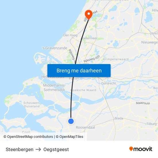 Steenbergen to Oegstgeest map