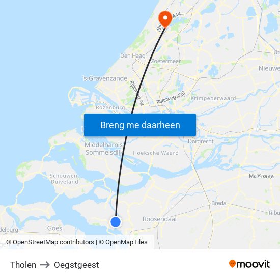 Tholen to Oegstgeest map