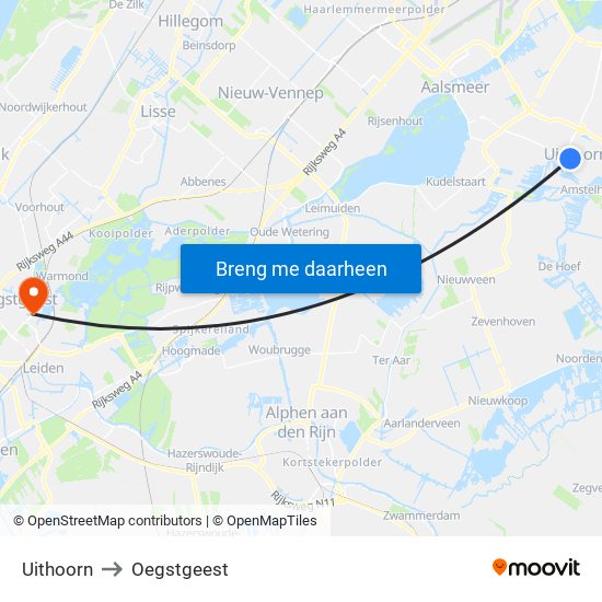 Uithoorn to Oegstgeest map