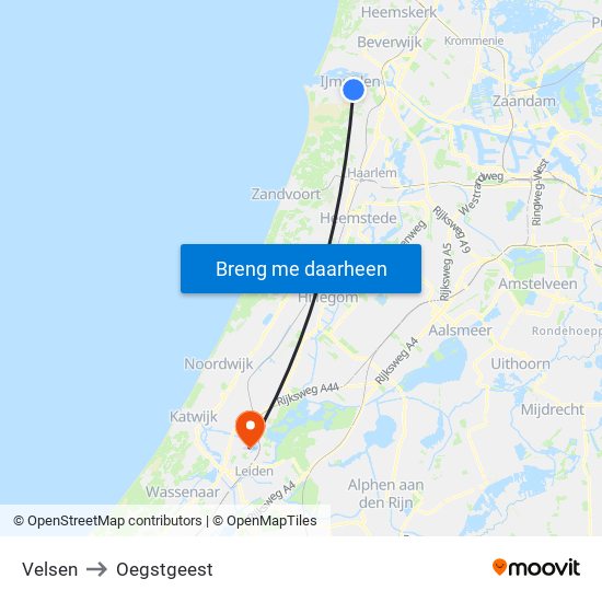 Velsen to Oegstgeest map