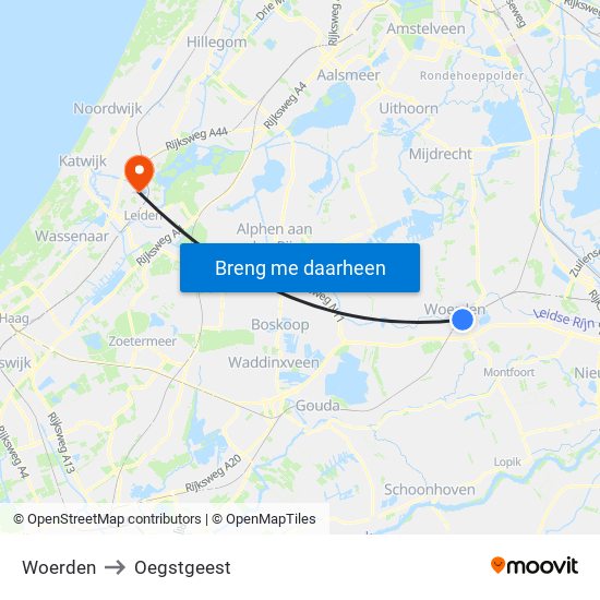 Woerden to Oegstgeest map