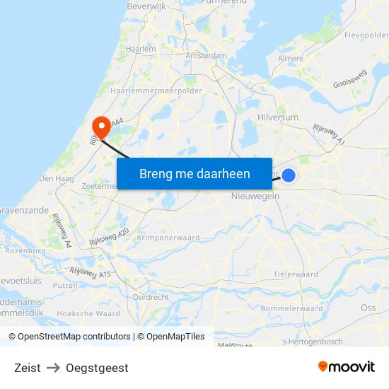 Zeist to Oegstgeest map
