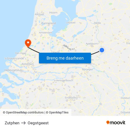 Zutphen to Oegstgeest map