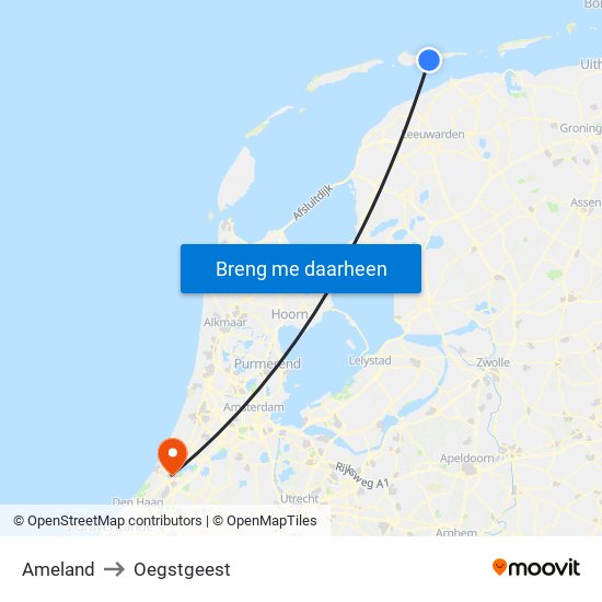 Ameland to Oegstgeest map