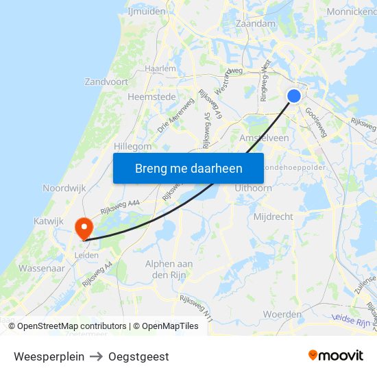 Weesperplein to Oegstgeest map