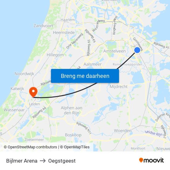 Bijlmer Arena to Oegstgeest map