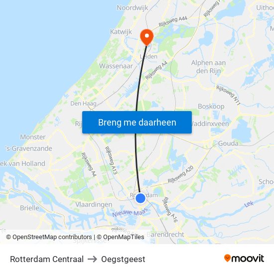 Rotterdam Centraal to Oegstgeest map
