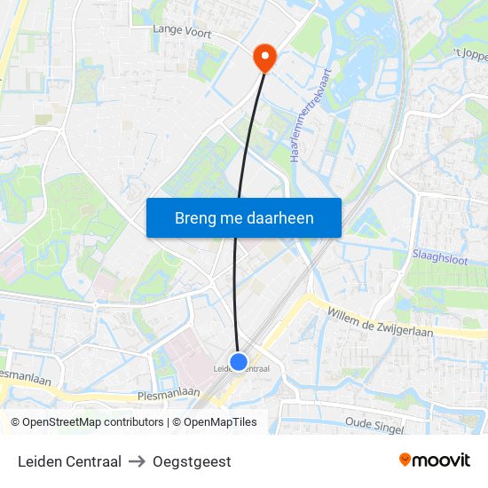 Leiden Centraal to Oegstgeest map