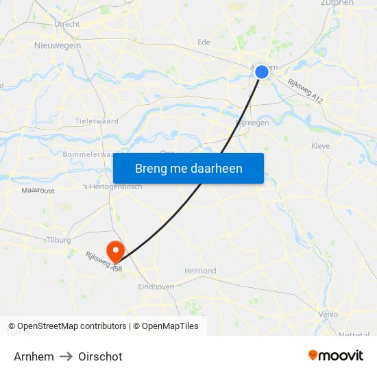 Arnhem to Oirschot map