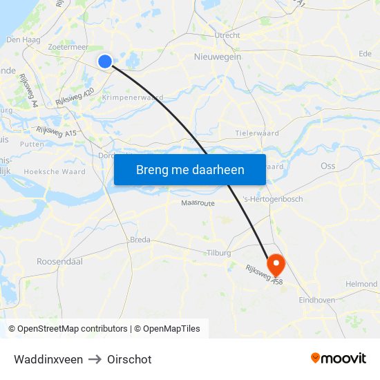 Waddinxveen to Oirschot map