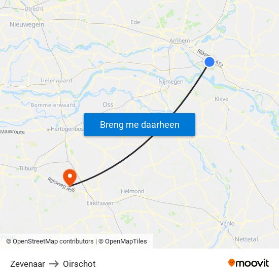 Zevenaar to Oirschot map