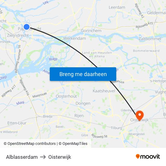 Alblasserdam to Oisterwijk map