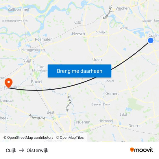 Cuijk to Oisterwijk map