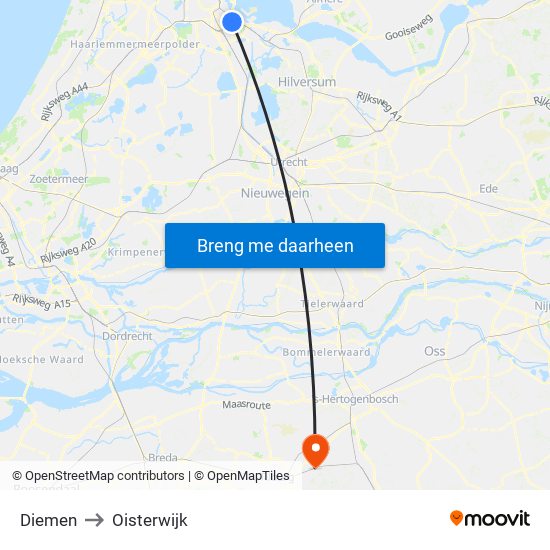 Diemen to Oisterwijk map