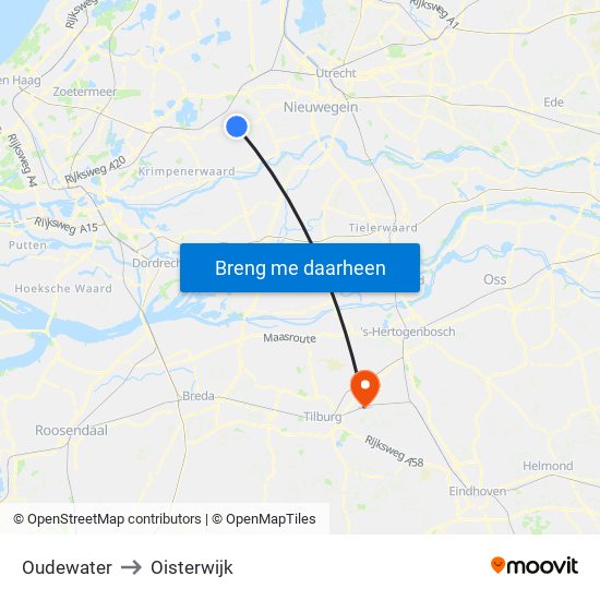Oudewater to Oisterwijk map