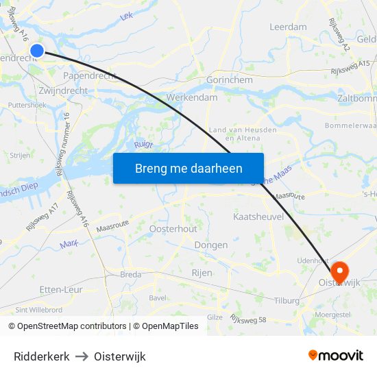 Ridderkerk to Oisterwijk map