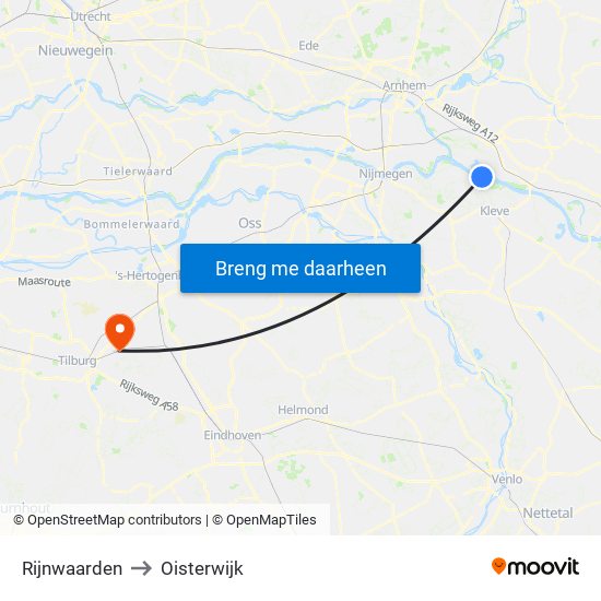 Rijnwaarden to Oisterwijk map