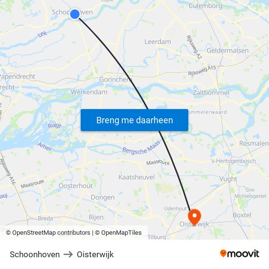 Schoonhoven to Oisterwijk map