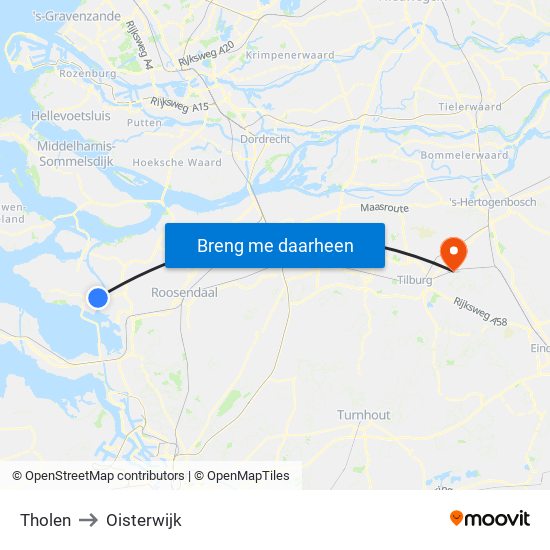 Tholen to Oisterwijk map