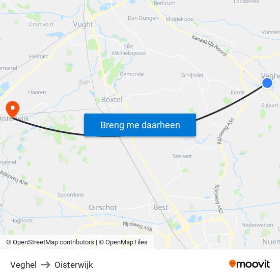 Veghel to Oisterwijk map