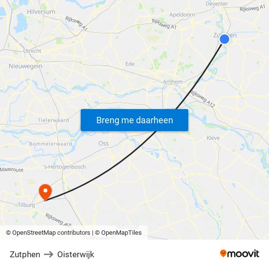 Zutphen to Oisterwijk map