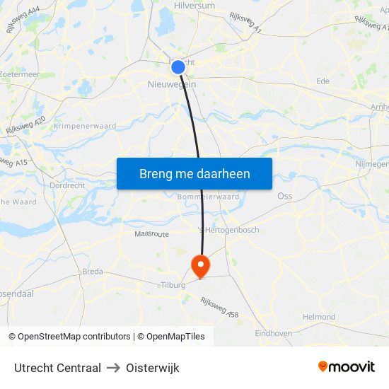 Utrecht Centraal to Oisterwijk map