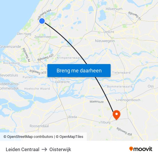 Leiden Centraal to Oisterwijk map