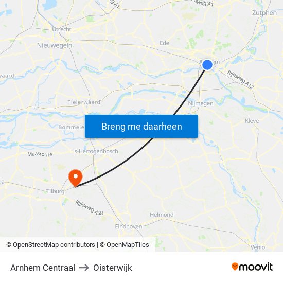 Arnhem Centraal to Oisterwijk map