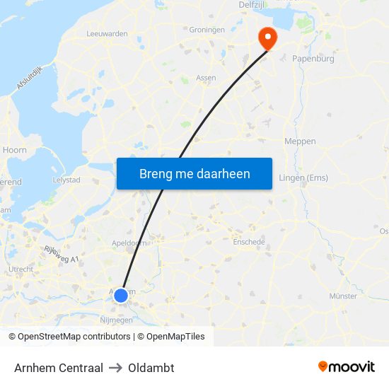 Arnhem Centraal to Oldambt map