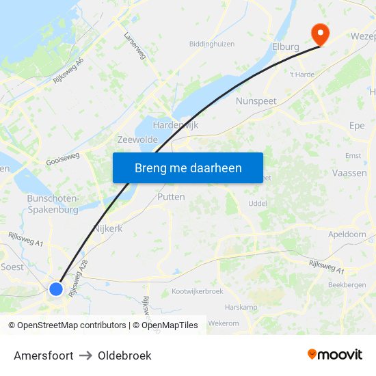 Amersfoort to Oldebroek map