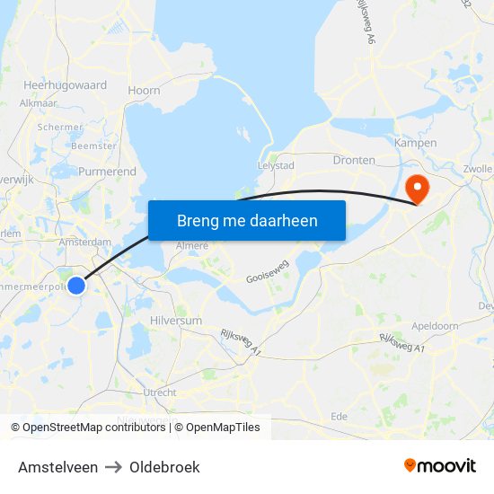 Amstelveen to Oldebroek map
