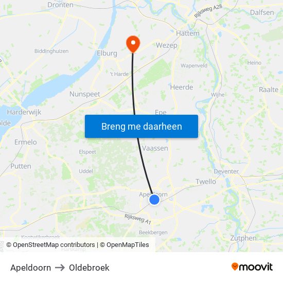 Apeldoorn to Oldebroek map