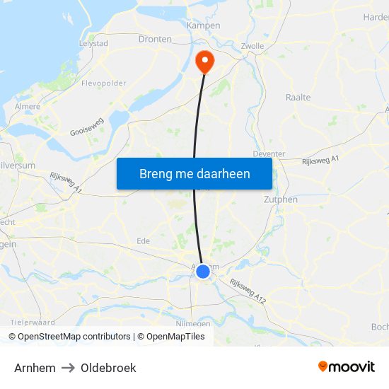 Arnhem to Oldebroek map