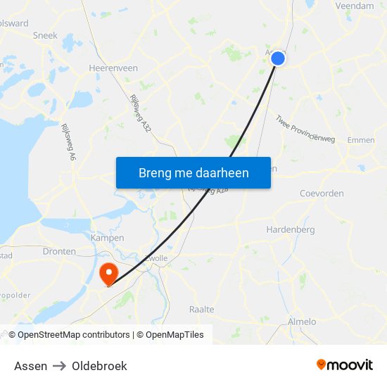 Assen to Oldebroek map