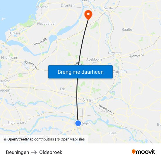 Beuningen to Oldebroek map