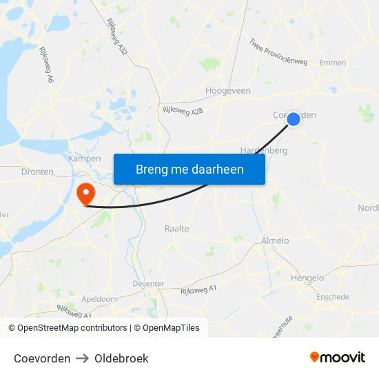 Coevorden to Oldebroek map