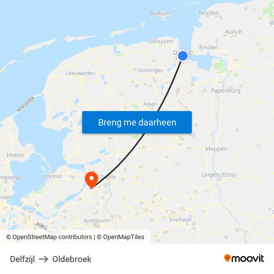 Delfzijl to Oldebroek map